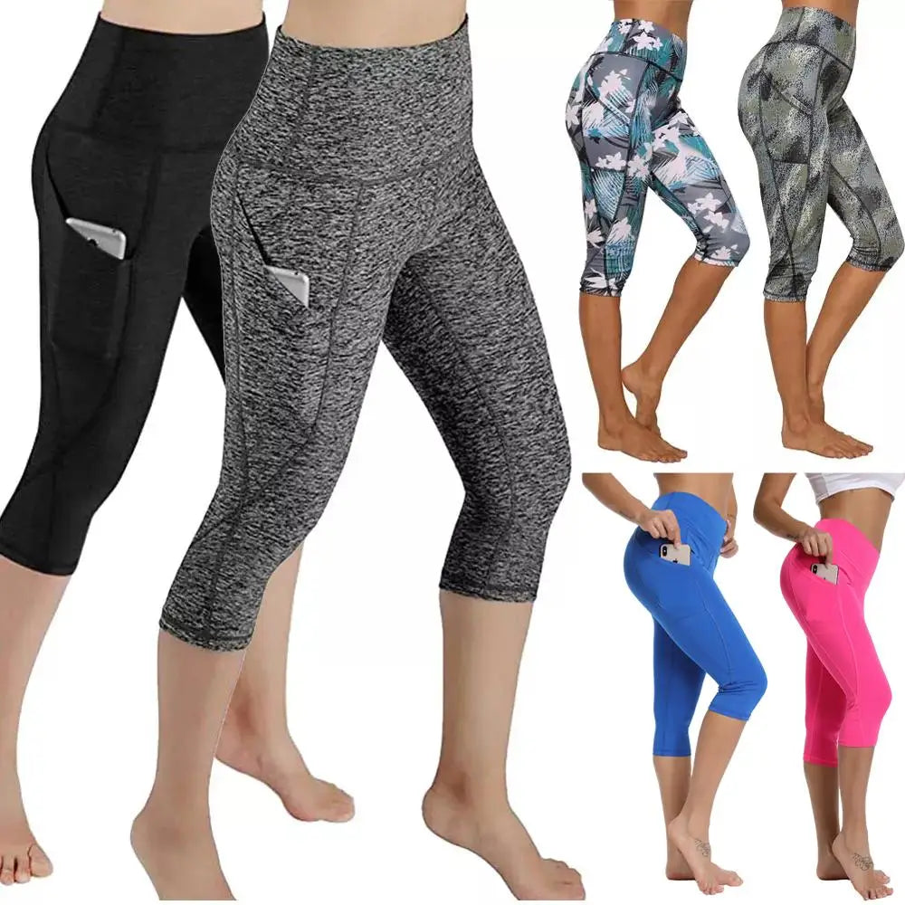 Calf-length Yoga Running Leggings High Waist Workout Push Up Leggins Sport Women Fitness Yoga Pants With Pockets Gym Girl Tights