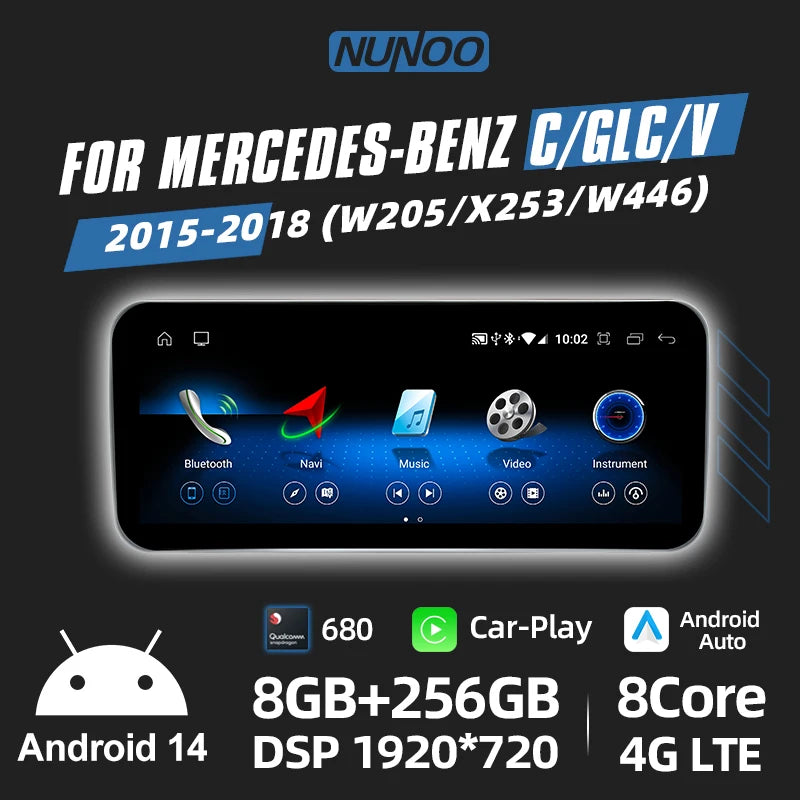 Android 14 Wireless CarPlay For Mercedes Benz C Class W205 GLC X253 V W446 2015-2018 Car Multimedia Navigation GPS DSP 4G WiFi